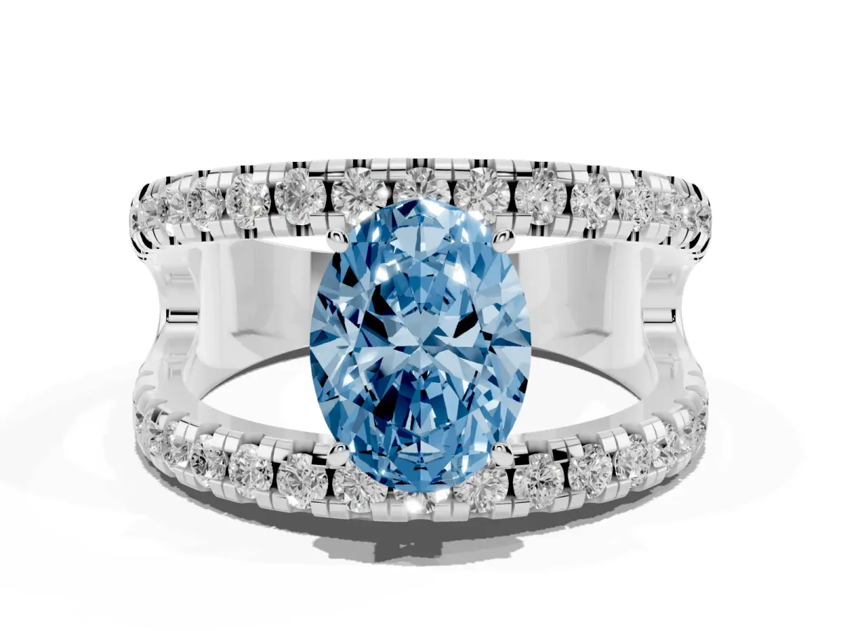Fancy Blue Oval Cut Solitaire Split Shank Pave Diamond Ring Platinum