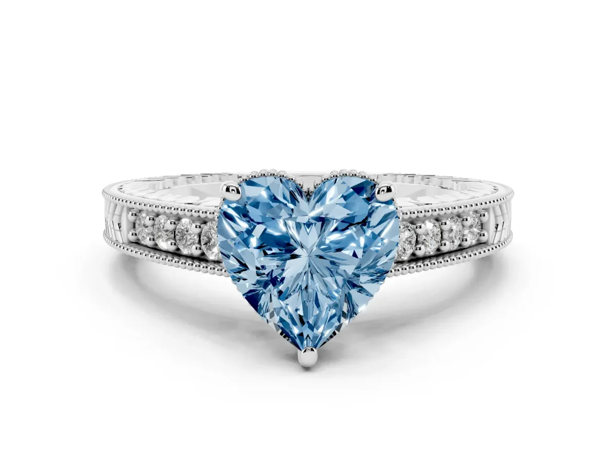 Fancy Blue Heart Cut Solitaire Pavé Diamond Milgrain Engagement Ring with Four-Prong Setting Silver