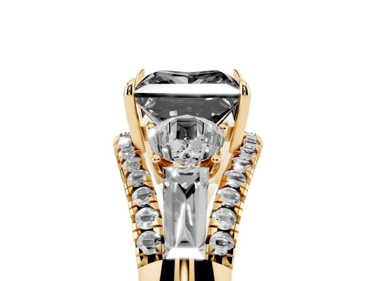 Fancy Black Three-Stone Princess Cut Diamond Engagement Ring with Pave Band and Prong Setting Yellow gold