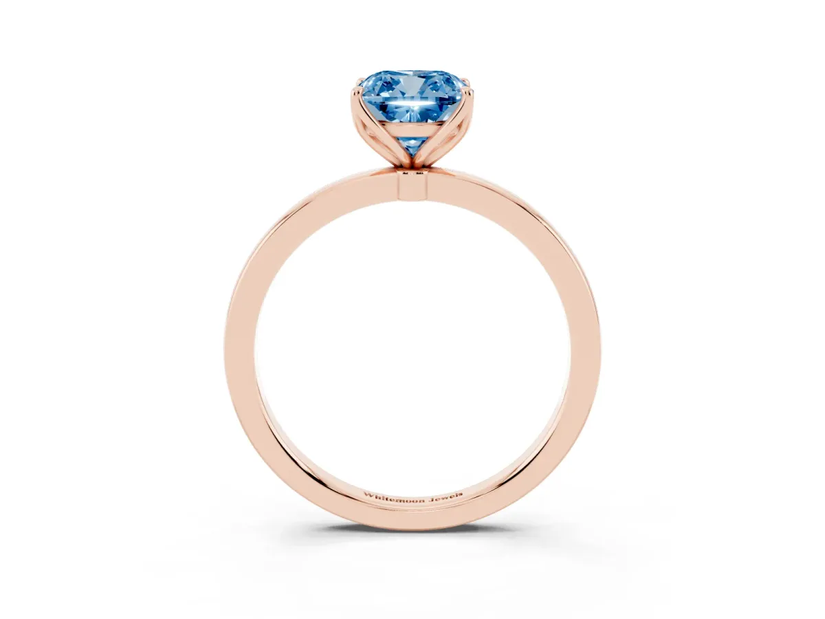 Fancy Blue Cushion Cut Diamond Solitaire Ring with Thin Band and Prong Setting Rose gold
