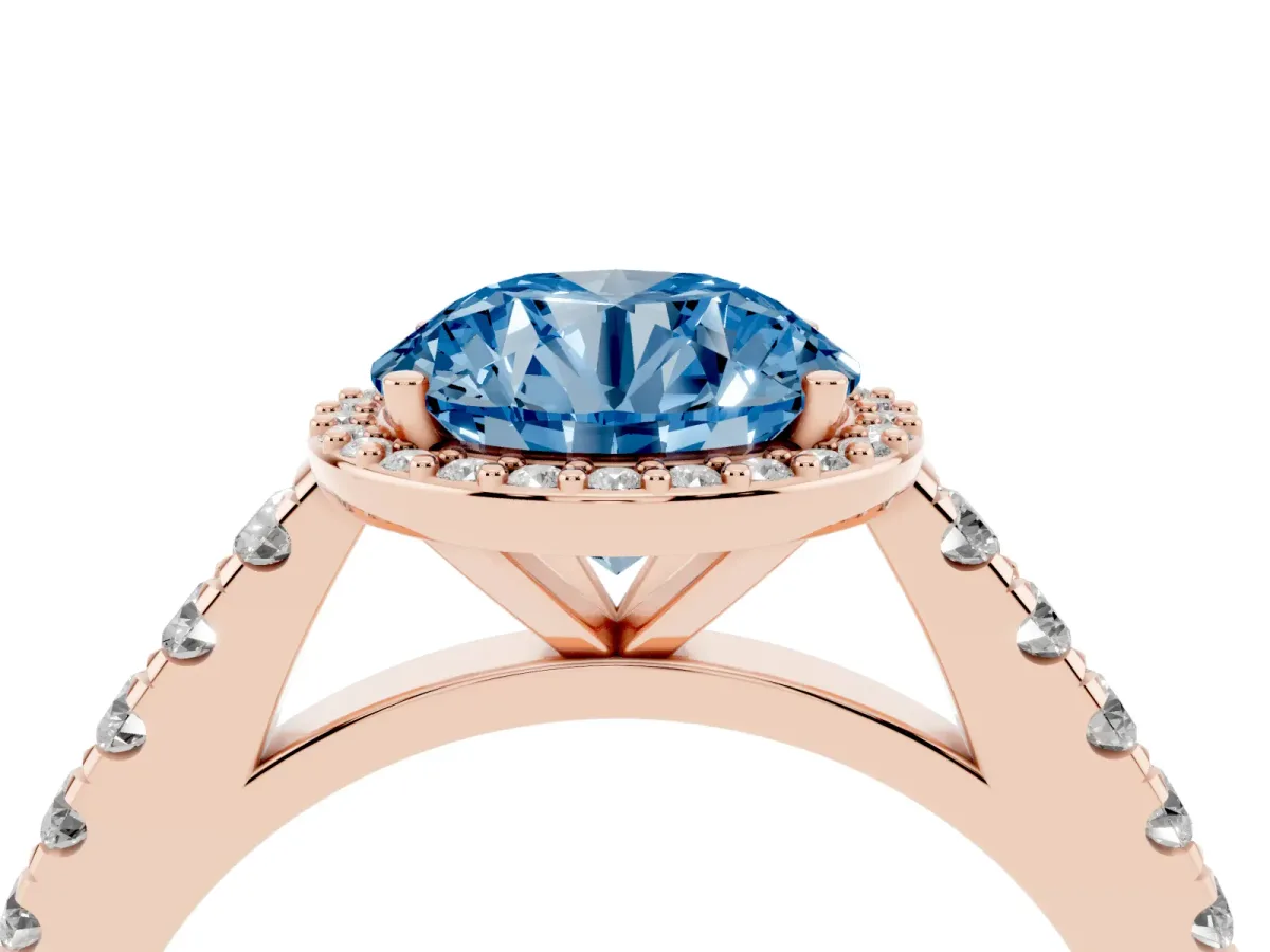 Fancy Blue Round Cut Cut Halo Diamond Engagement Ring with Pave Band and Four-Prong Setting Rose gold