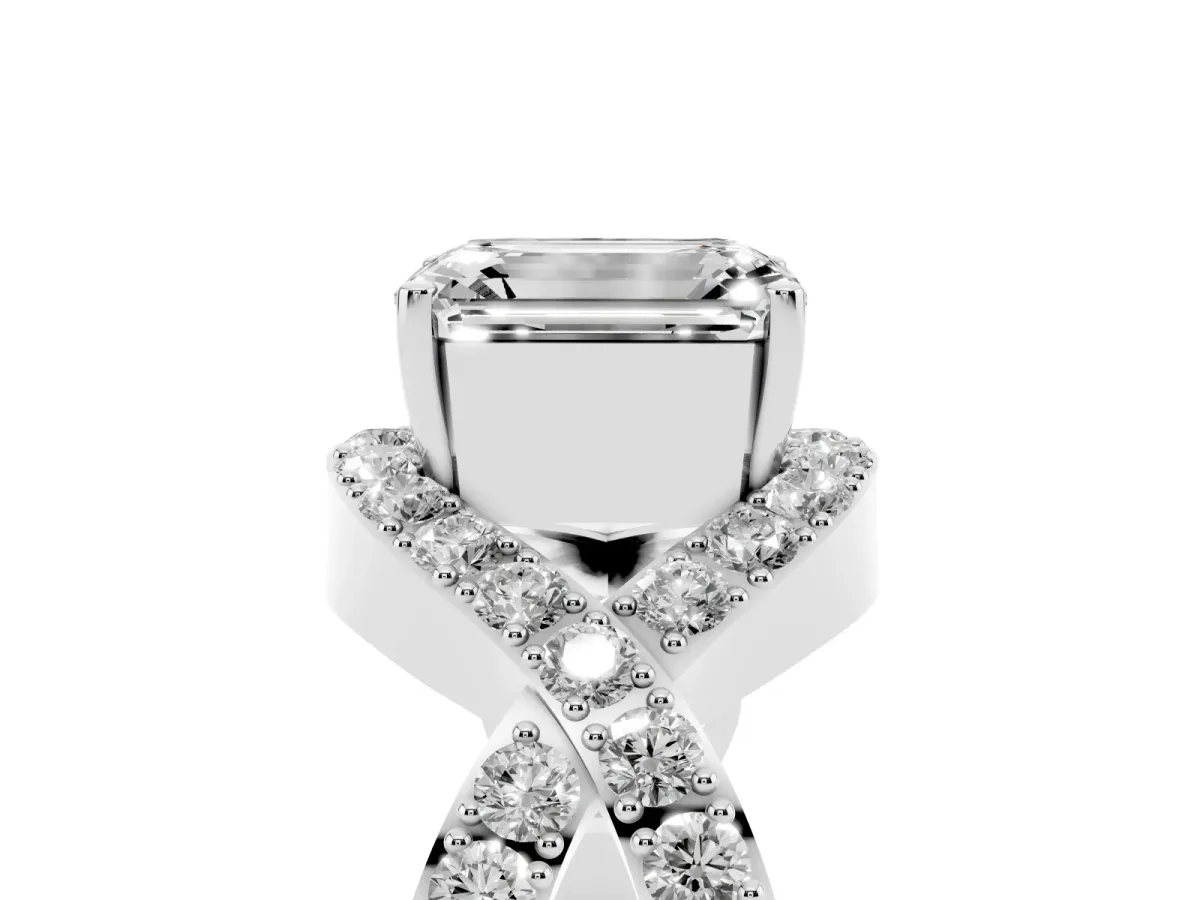 Emerald Cut Solitaire Twist Band Pavé Diamond Engagement Ring Silver