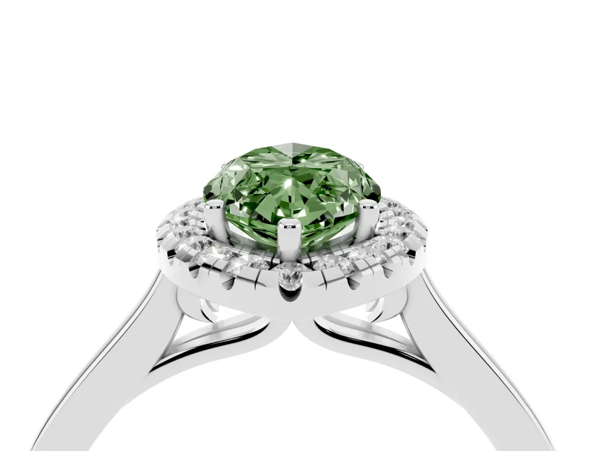 Fancy Green Marquise Cut Halo Round Diamond Solitaire Ring with Pavé Band and Four-Prong Setting White gold