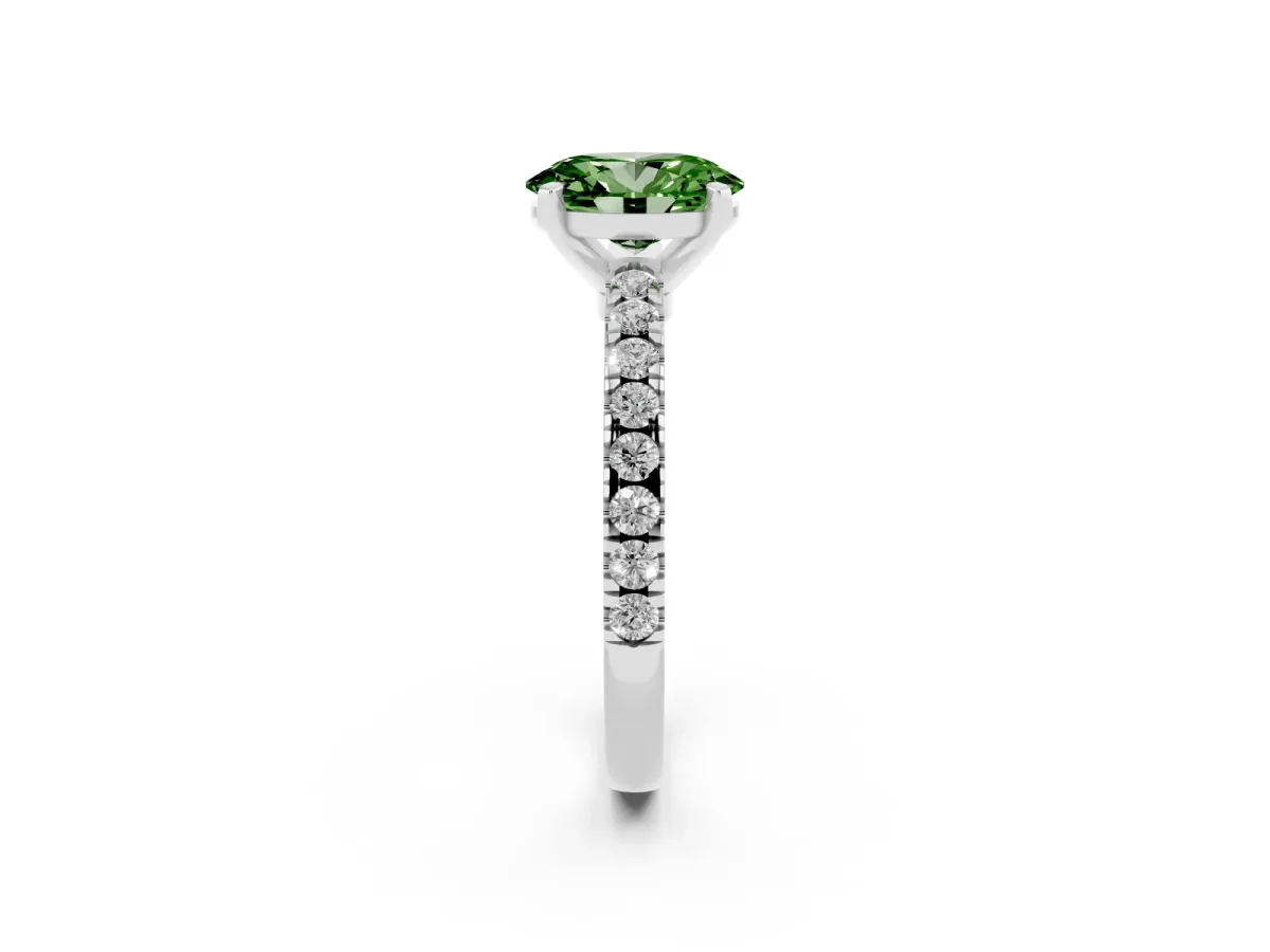 Fancy Green Oval Cut Solitaire Diamond with Pavé Band and Four-Prong Setting Silver