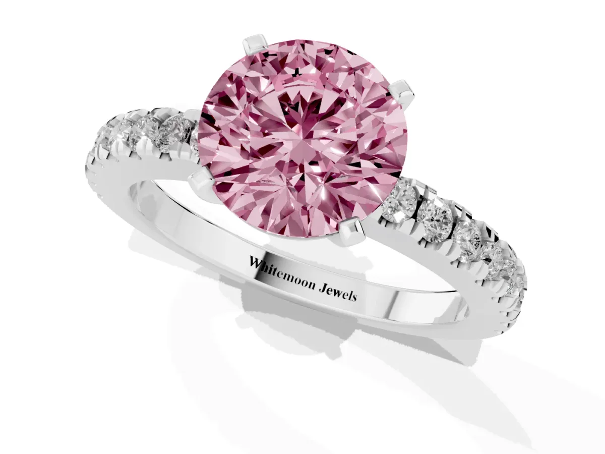 Fancy Pink Round Cut Solitaire Diamond with Pavé Band and Four-Prong Setting Silver