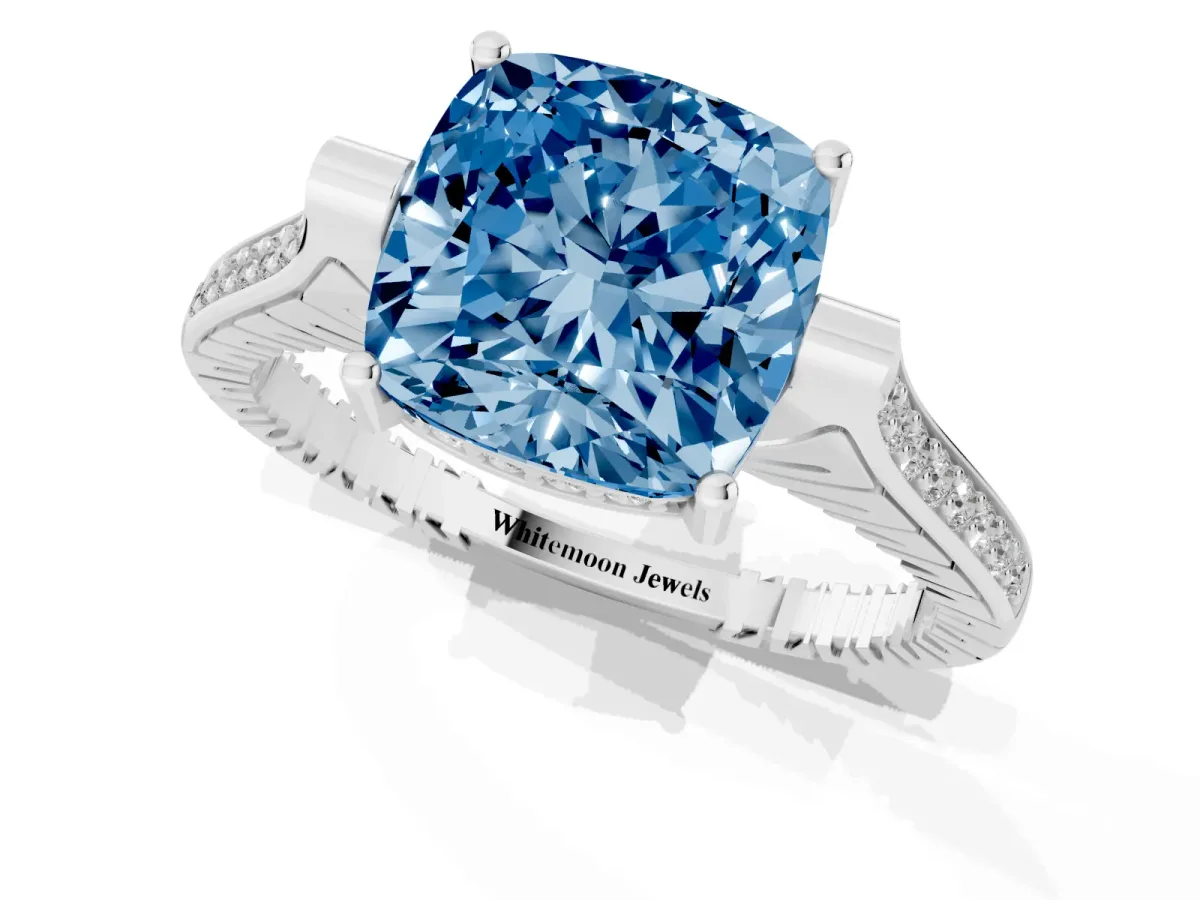 Fancy Blue Cushion Cut Solitaire Diamond Ring with Channel Set Band and Bezel Prong Setting Platinum