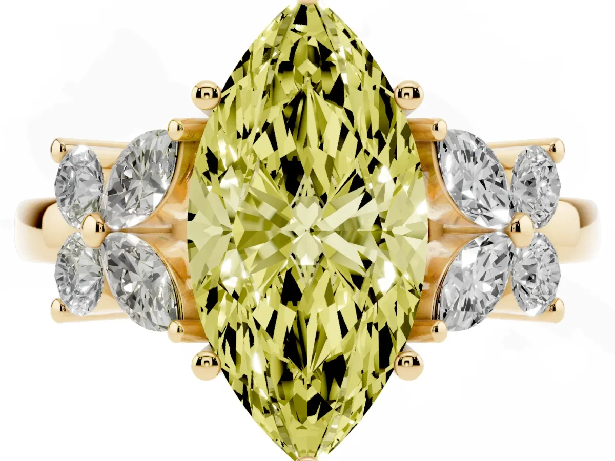 Fancy Yellow Marquise Cut Diamond Floral Cluster Ring with Solitaire Band and Prong Setting Yellow gold
