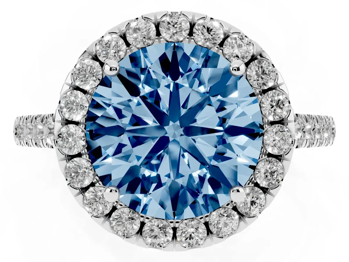 Fancy Blue Round Cut Halo Pavé Diamond Engagement Ring with Four-Prong Setting Silver