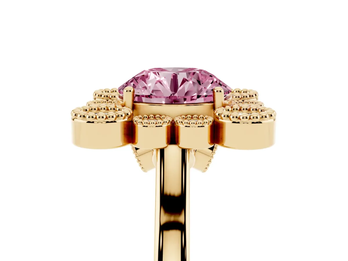 Fancy Pink Round Cut Halo Diamond Cluster Engagement Ring with Milgrain Bezel Setting and Solitaire Band Yellow gold