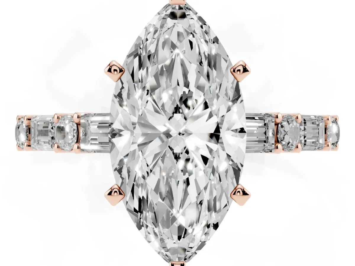 Marquise Cut Diamond Solitaire with Side Baguettes and Channel Set Band Rose gold