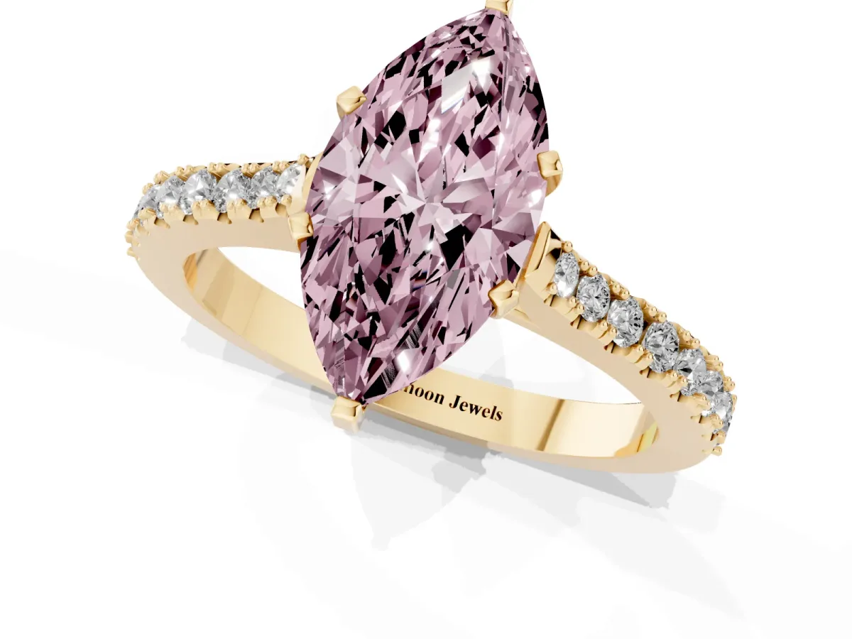 Fancy Pink Marquise Cut Cut Solitaire Diamond Engagement Ring with Pave Band and Four-Prong Setting Yellow gold