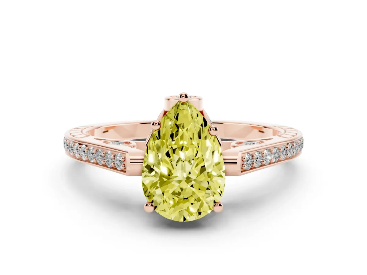 Fancy Yellow Pear Cut Cut Cathedral Pave Diamond Engagement Ring with Six-Prong Setting Rose gold