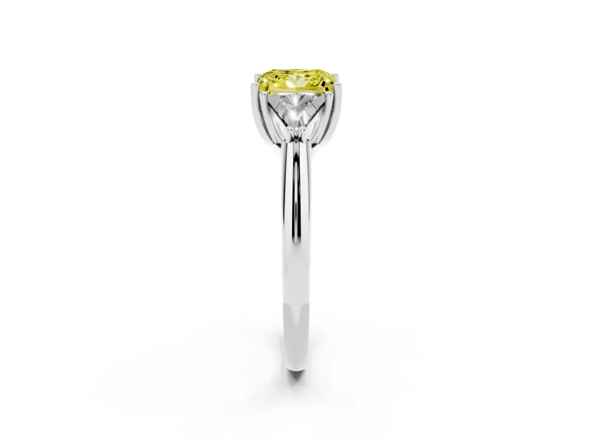 Fancy Yellow Three-Stone Princess Cut Diamond Engagement Ring with Trillion Side Stones and Prong Setting Silver