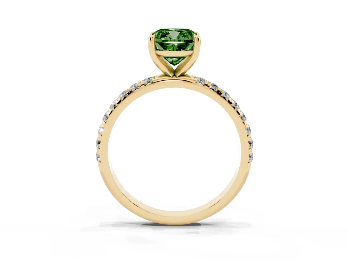 Fancy Green Cushion Cut Cut Diamond Solitaire Ring with Micro Pave Band and Four Prong Setting Yellow gold