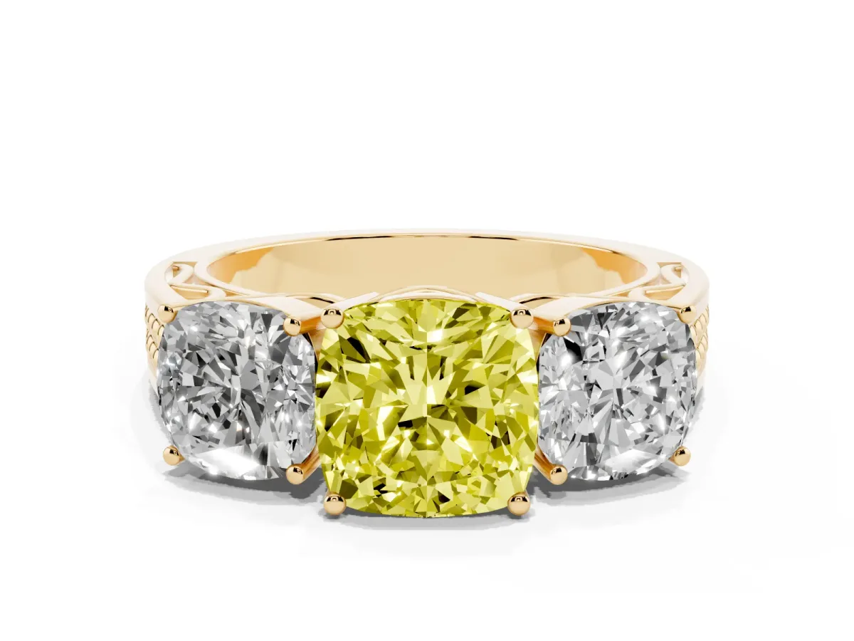 Fancy Yellow Cushion Cut Diamond Three-Stone Ring with Prong Setting and Textured Band Yellow gold
