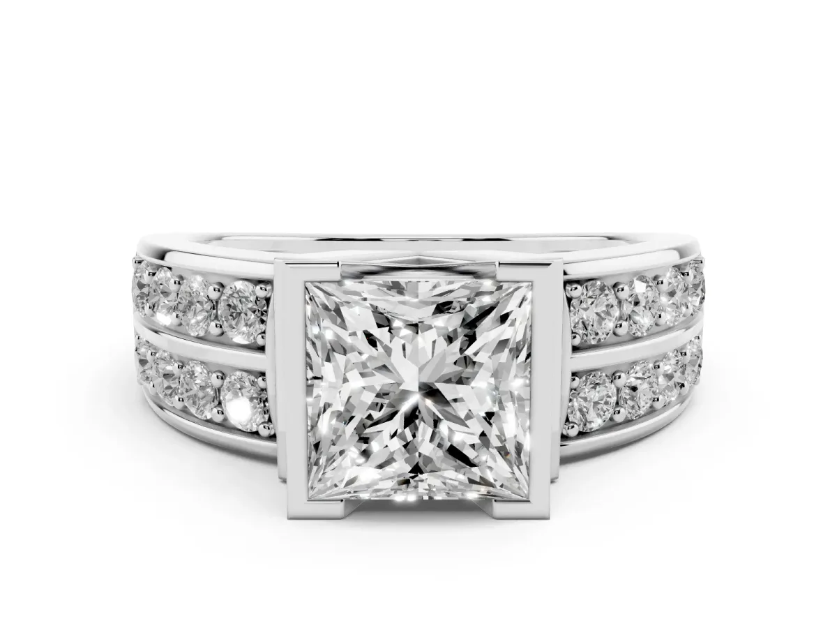 Princess Cut Brilliant Diamond Channel Set Wide Band Ring with Bezel Setting Platinum