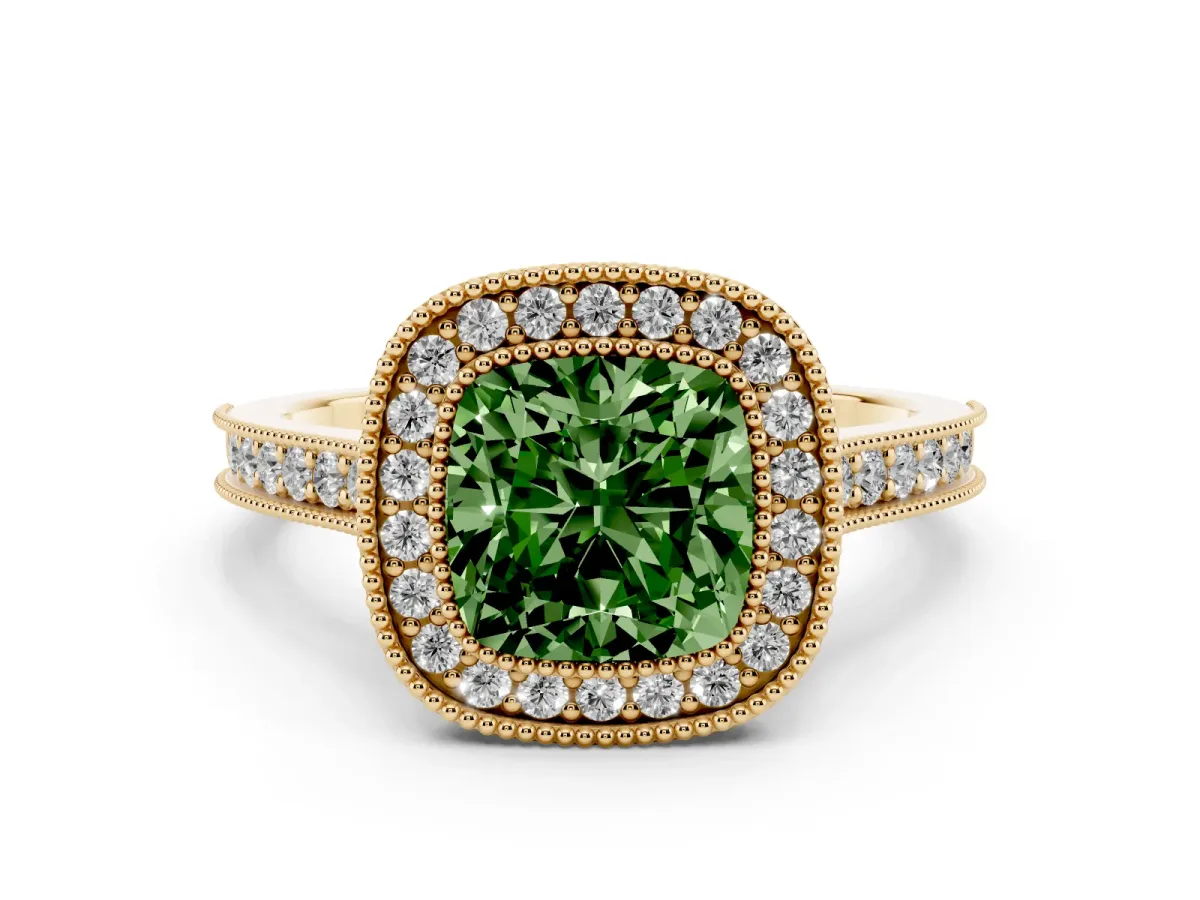 Fancy Green Halo Cushion Cut-Cut Diamond Pave Band Milgrain Prong Setting Ring Yellow gold