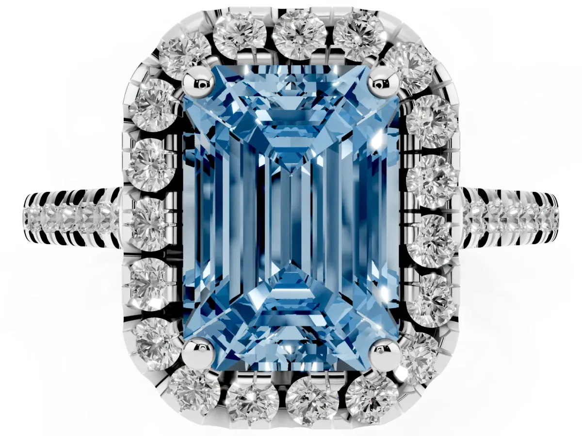 Fancy Blue Emerald Cut Diamond Cushion Halo Ring with Pavé Band Silver