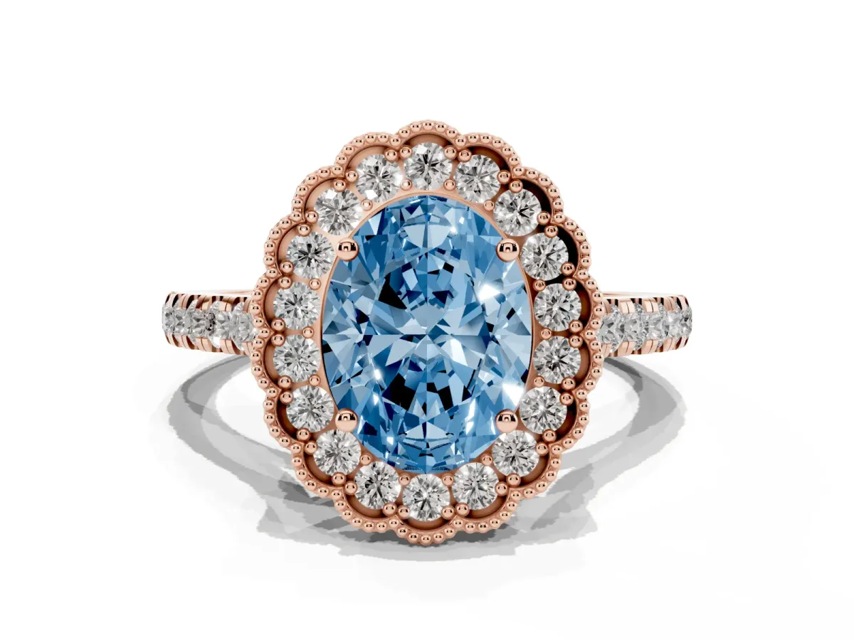 Fancy Blue Oval Cut Cut Diamond Milgrain Floral Halo Engagement Ring with Pavé Band Rose gold