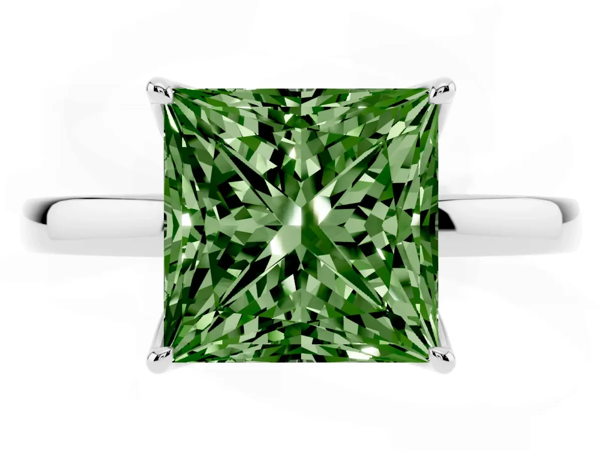 Fancy Green Princess Cut Diamond Solitaire Ring with Thin Band and Prong Setting Silver