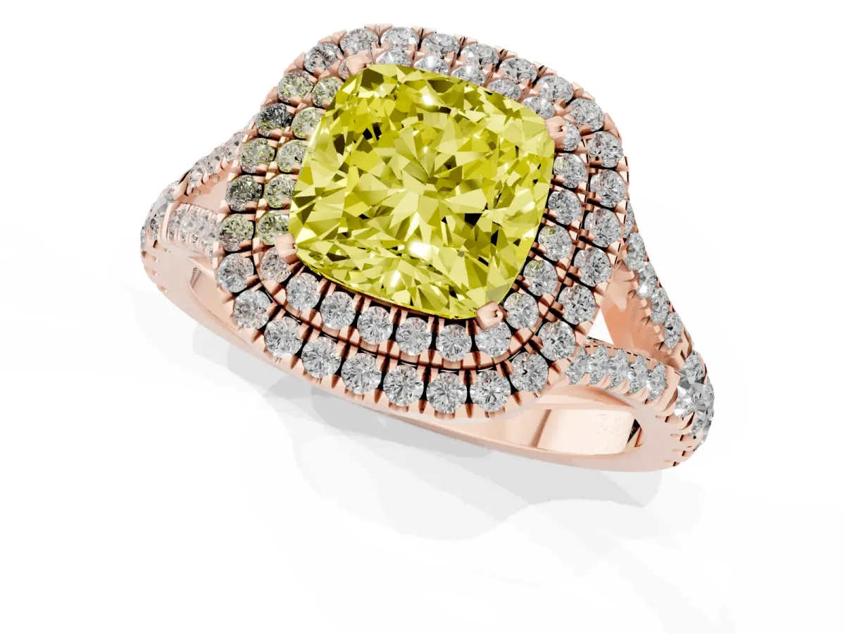 Fancy Yellow Cushion Cut Diamond Pavé Split Shank Double Halo Engagement Ring Rose gold