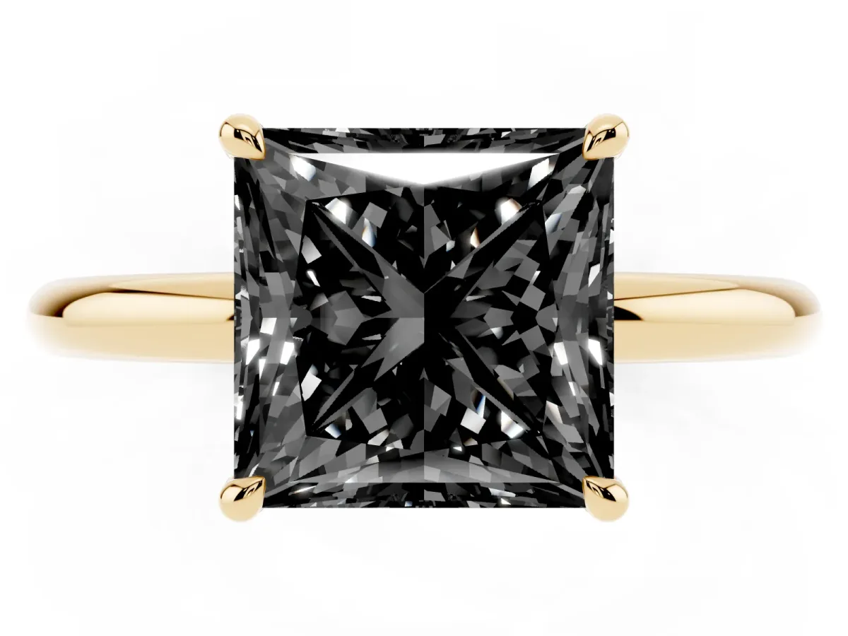 Fancy Black Princess Cut Diamond Solitaire Ring with Thin Band and Four-Prong Setting Yellow gold
