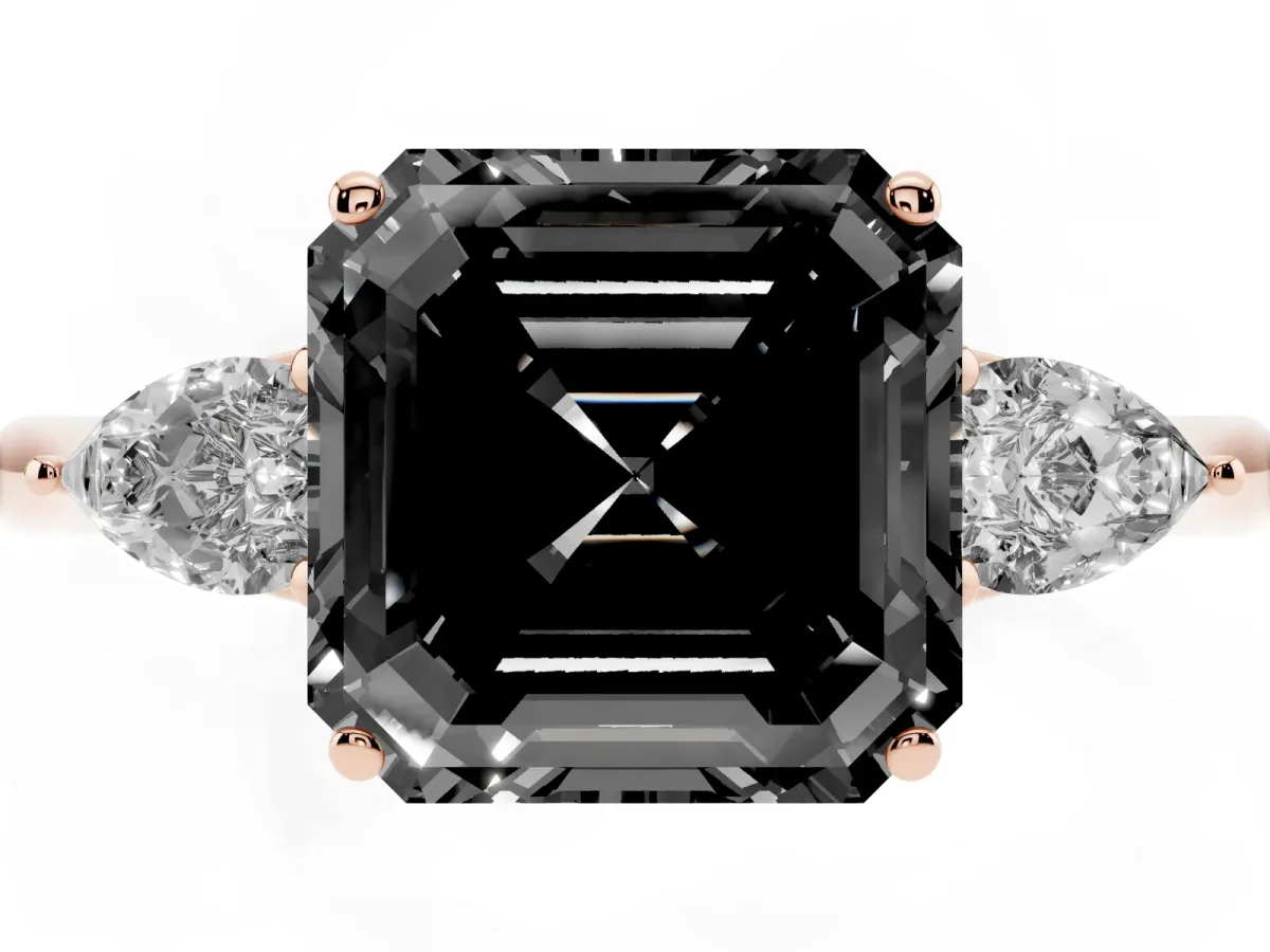 Fancy Black Asscher Cut Diamond Three-Stone Ring with Pear Side Stones and Prong Setting Rose gold