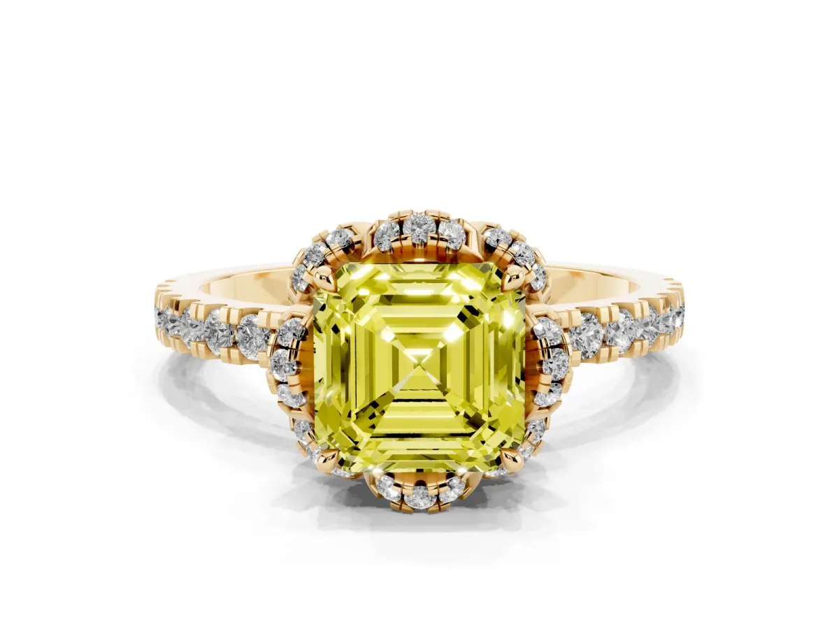 Fancy Yellow Asscher Cut Halo Diamond Pave Band Ring with Four-Prong Setting Yellow gold