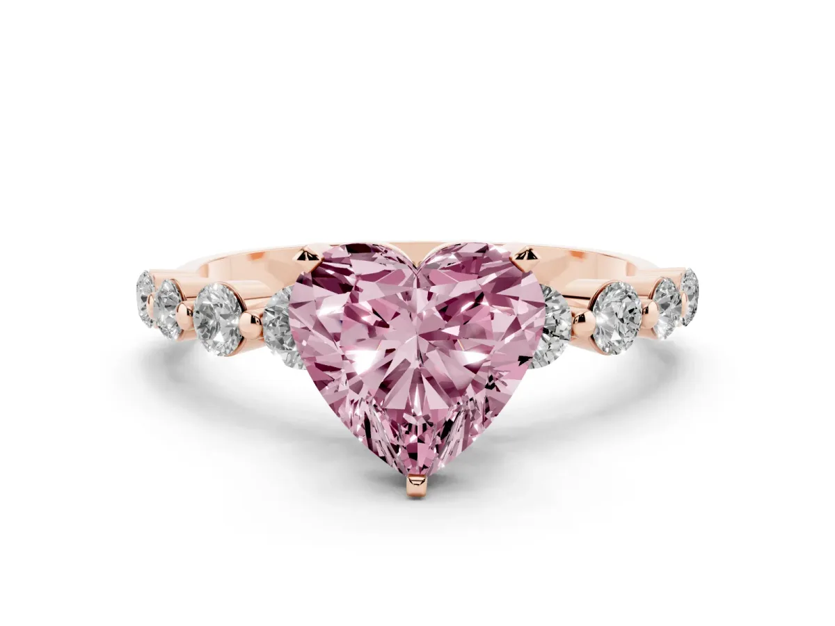 Fancy Pink Heart Cut Solitaire Diamond Ring with Pave Band and Four-Prong Setting Rose gold