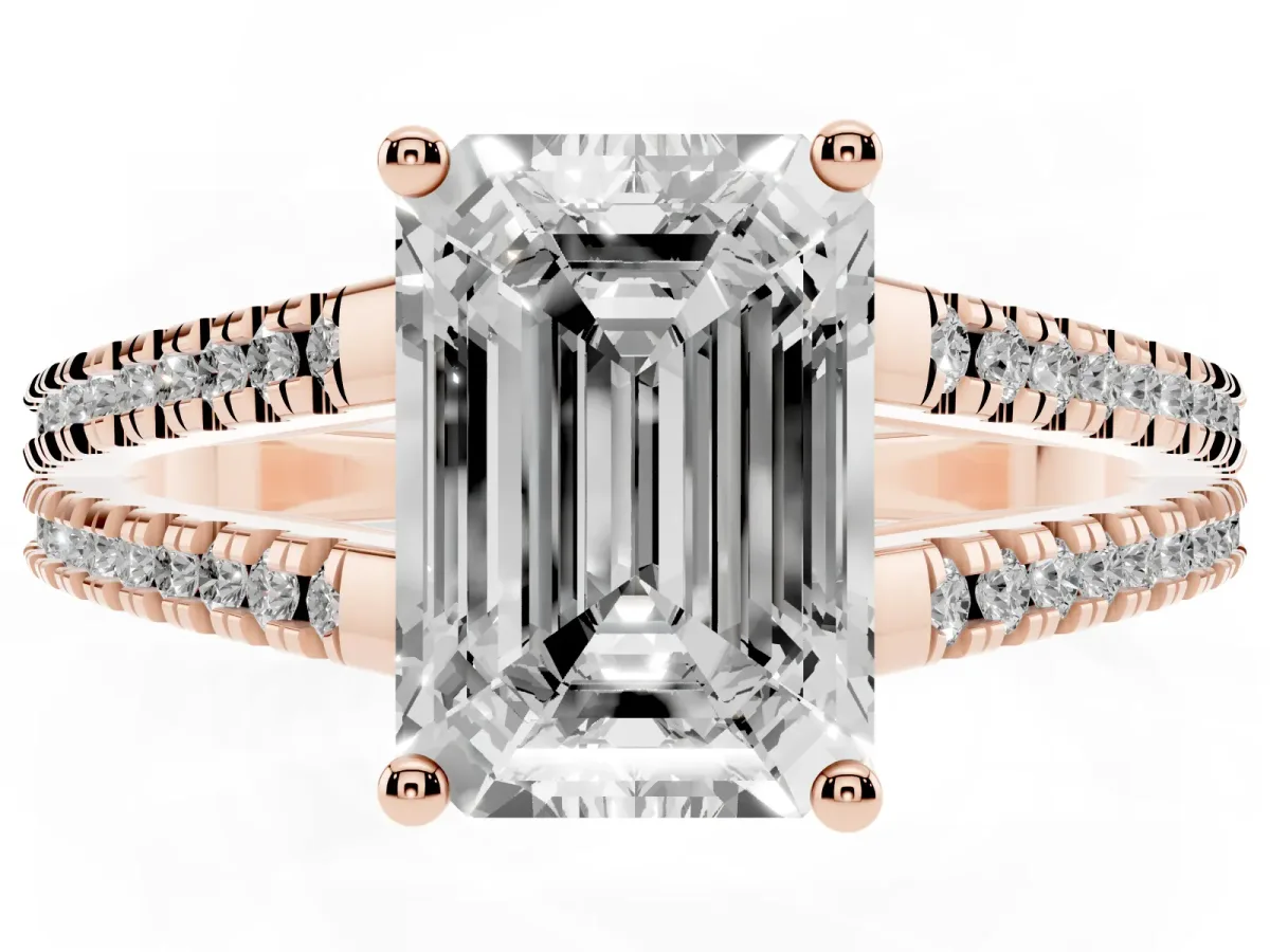 Emerald Cut Diamond Solitaire Engagement Ring with Split Shank Pavé Band Rose gold