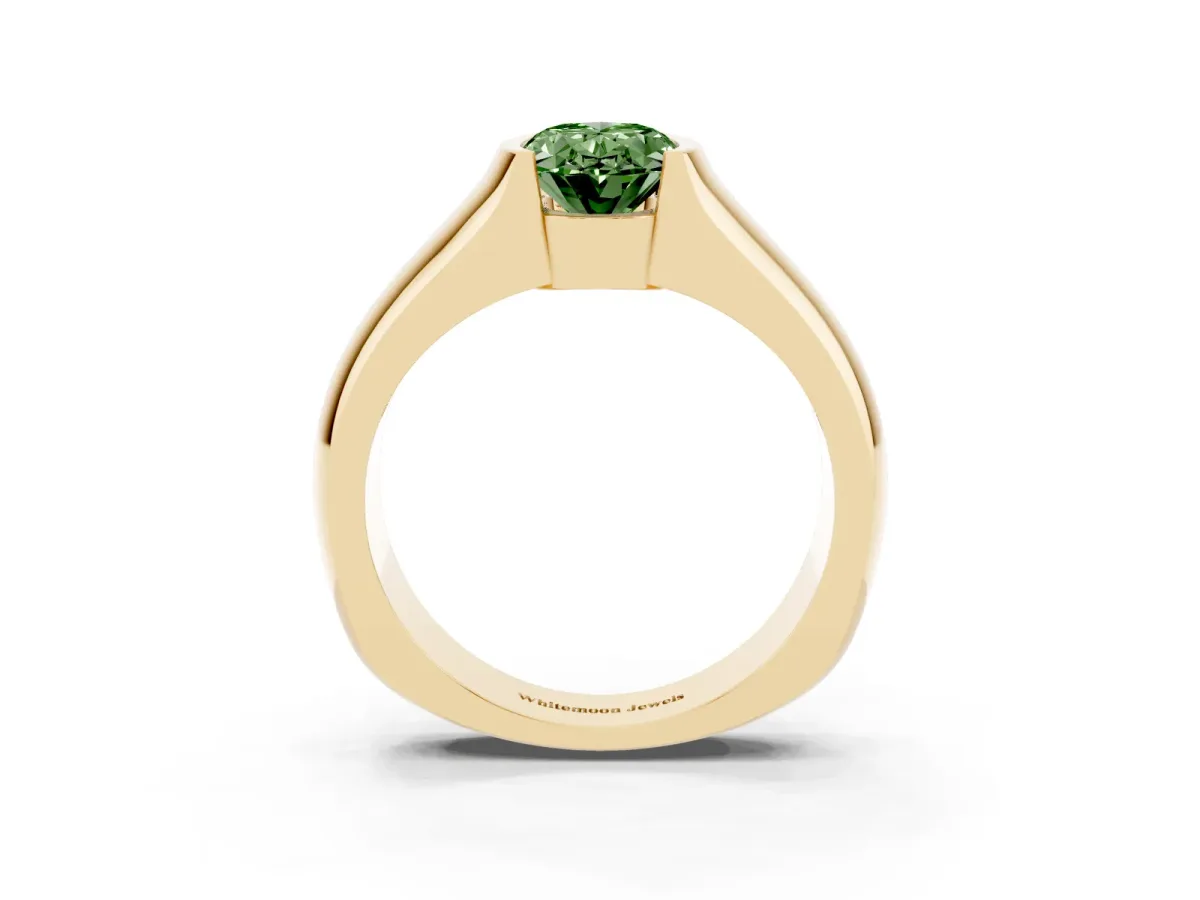 Fancy Green Oval Cut Solitaire Bezel Set Diamond Ring with Wide Band Yellow gold