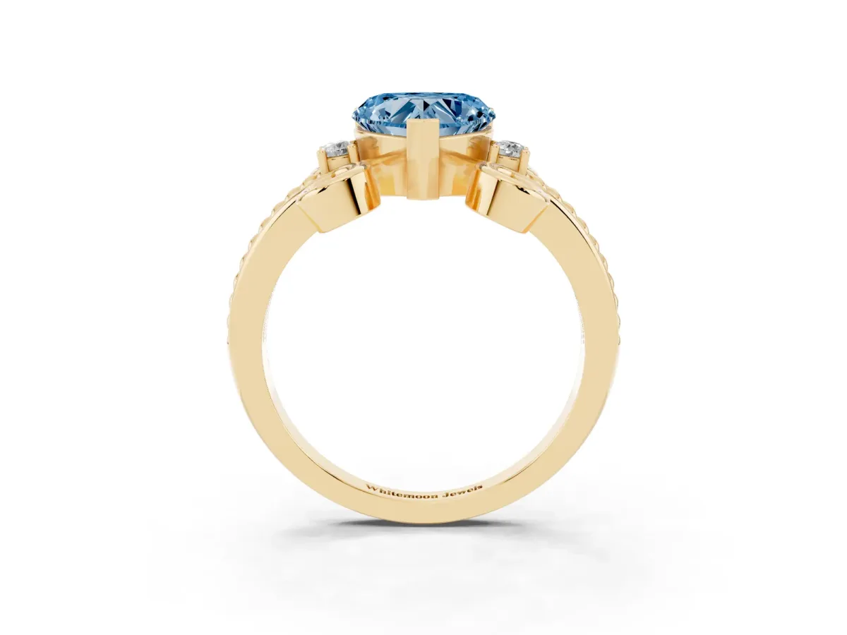 Fancy Blue Heart Cut Solitaire Twisted Band Scroll Prong Ring Yellow gold