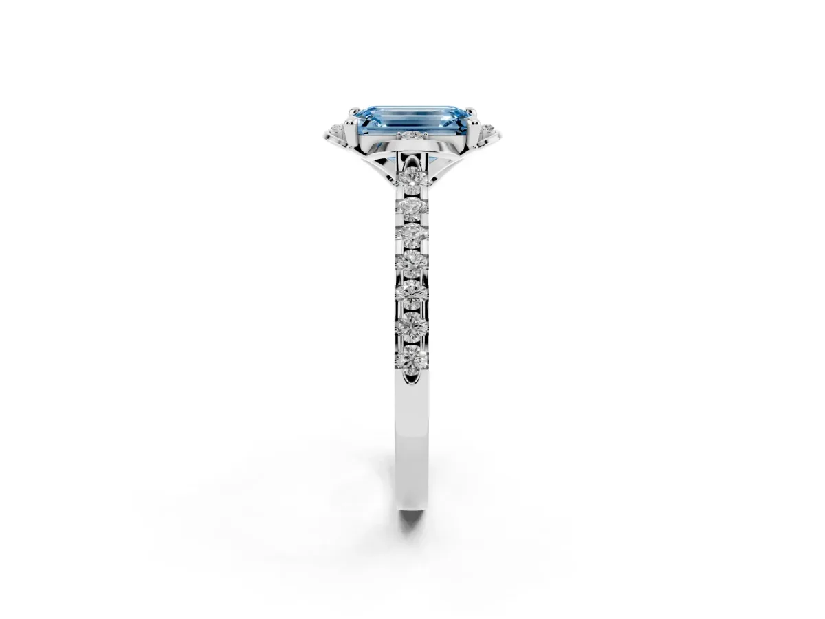 Fancy Blue Emerald Cut Diamond Ring with Pavé Band and Floral Prong Setting Silver