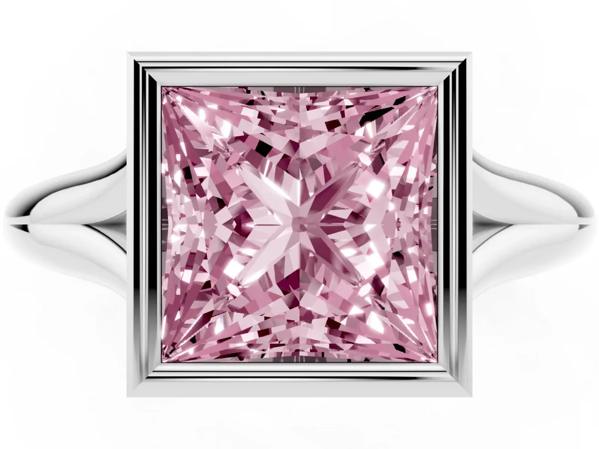 Fancy Pink Bezel Set Princess Cut Solitaire Diamond Ring with Smooth Band Platinum