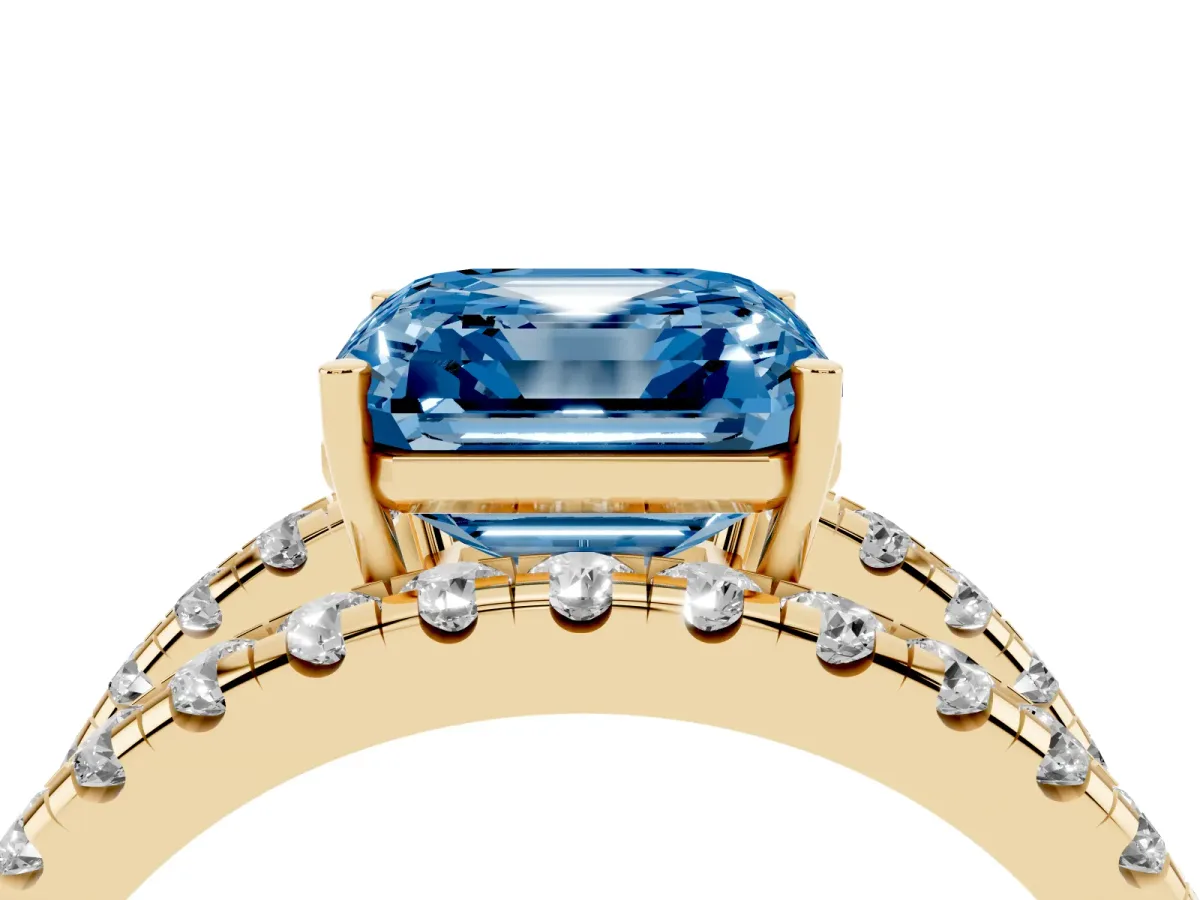 Fancy Blue Asscher Cut Solitaire Split Shank Pave Diamond Ring Yellow gold