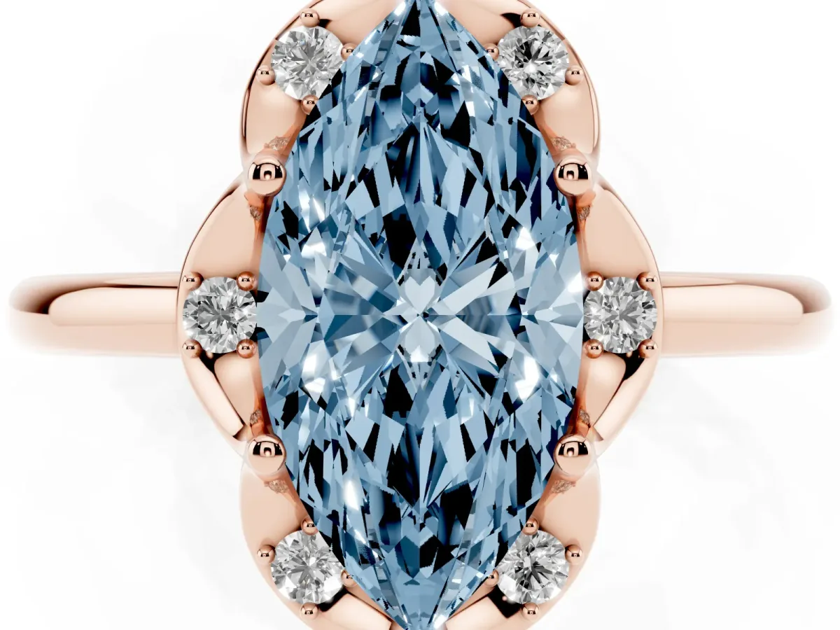 Fancy Blue Marquise Cut Halo Diamond Ring with Round Cluster Setting, Solitaire Band, and Four-Prong Setting Rose gold