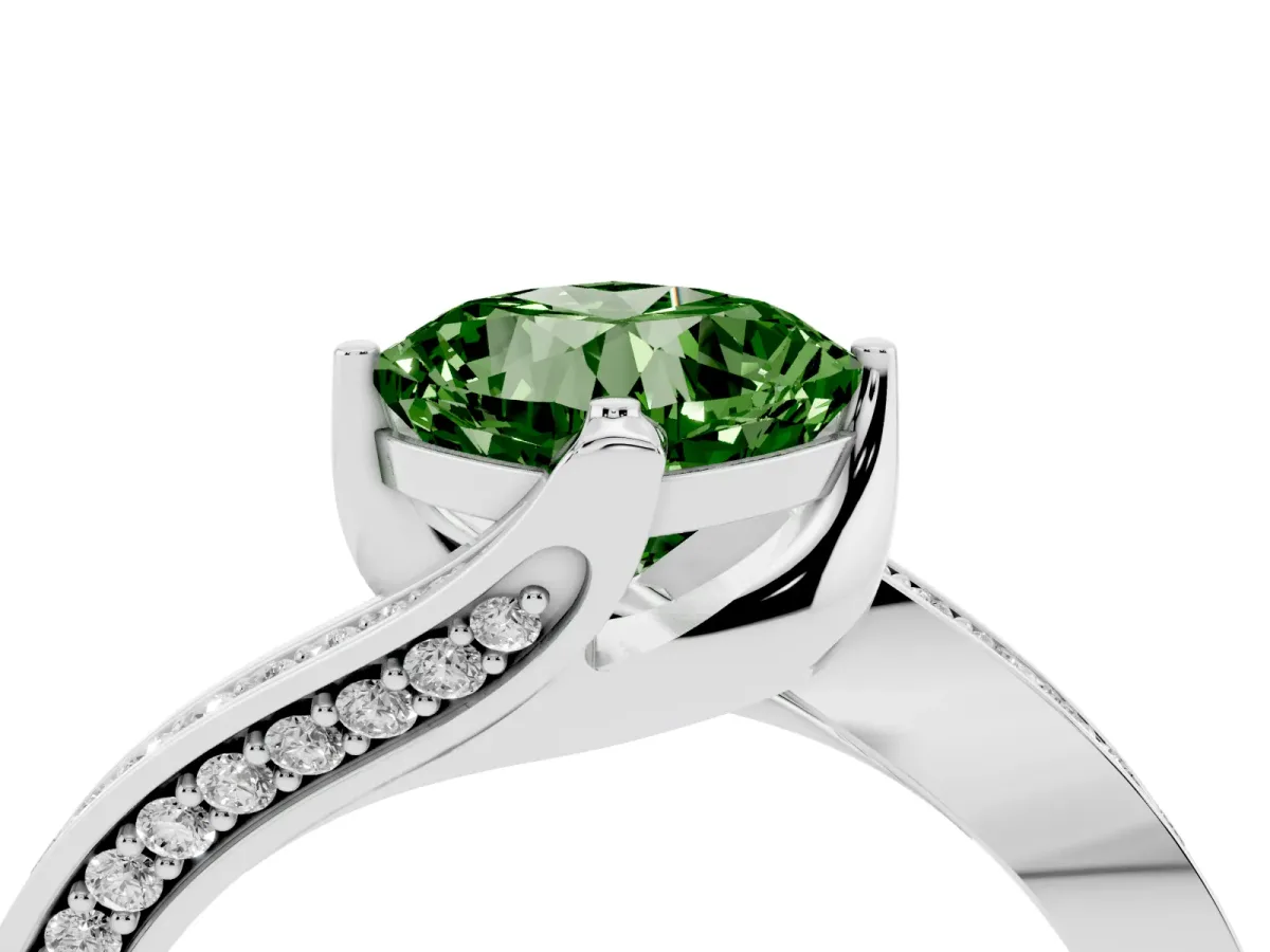 Fancy Green Cushion Cut Solitaire Diamond Twist Band with Pavé Setting and Four-Prong Setting Silver