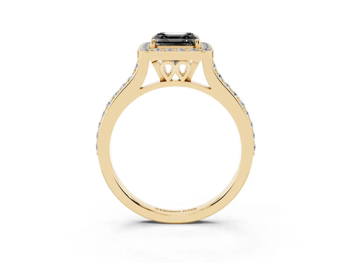Fancy Black Asscher Cut Diamond Halo Engagement Ring with Round Pavé Shoulders and Prong Setting Yellow gold