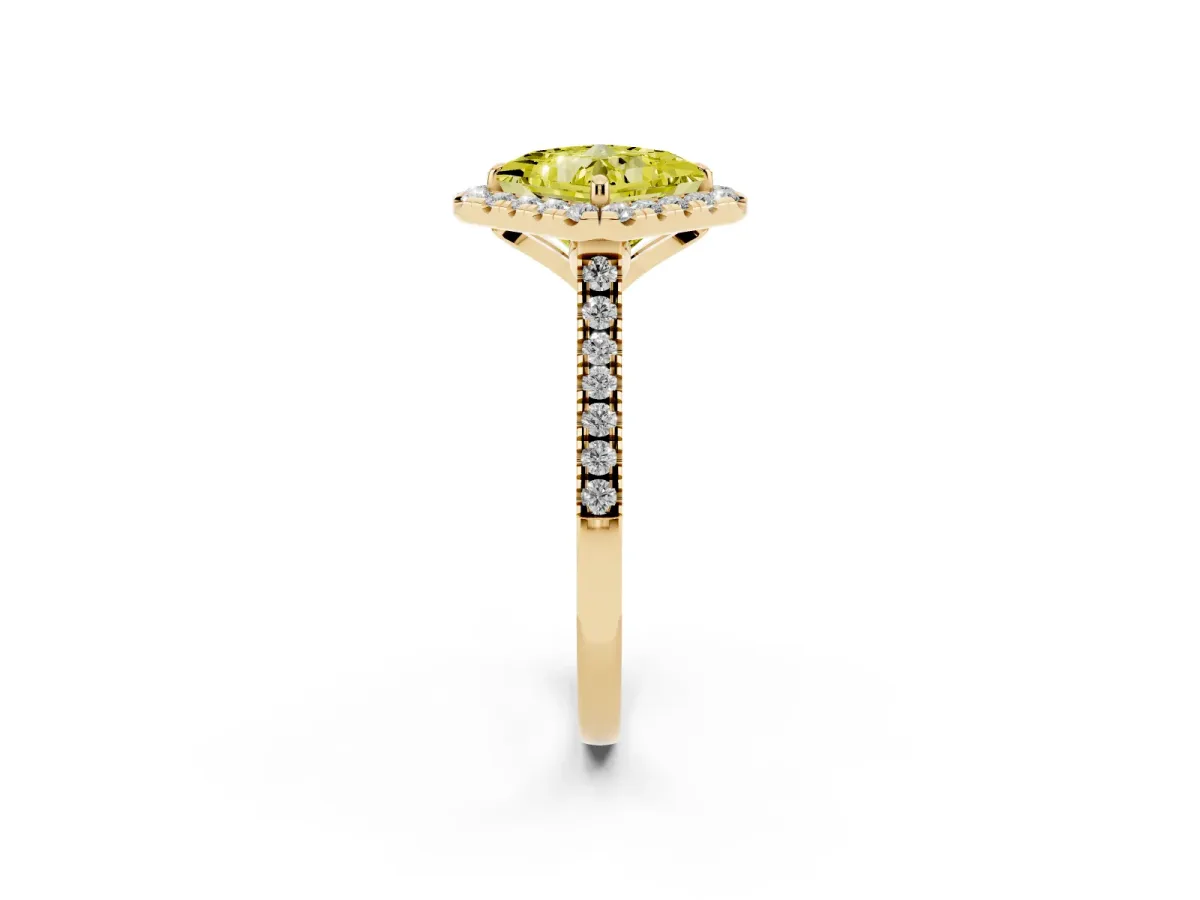 Fancy Yellow Princess Cut Diamond Cushion Halo Ring with Pavé Band Yellow gold
