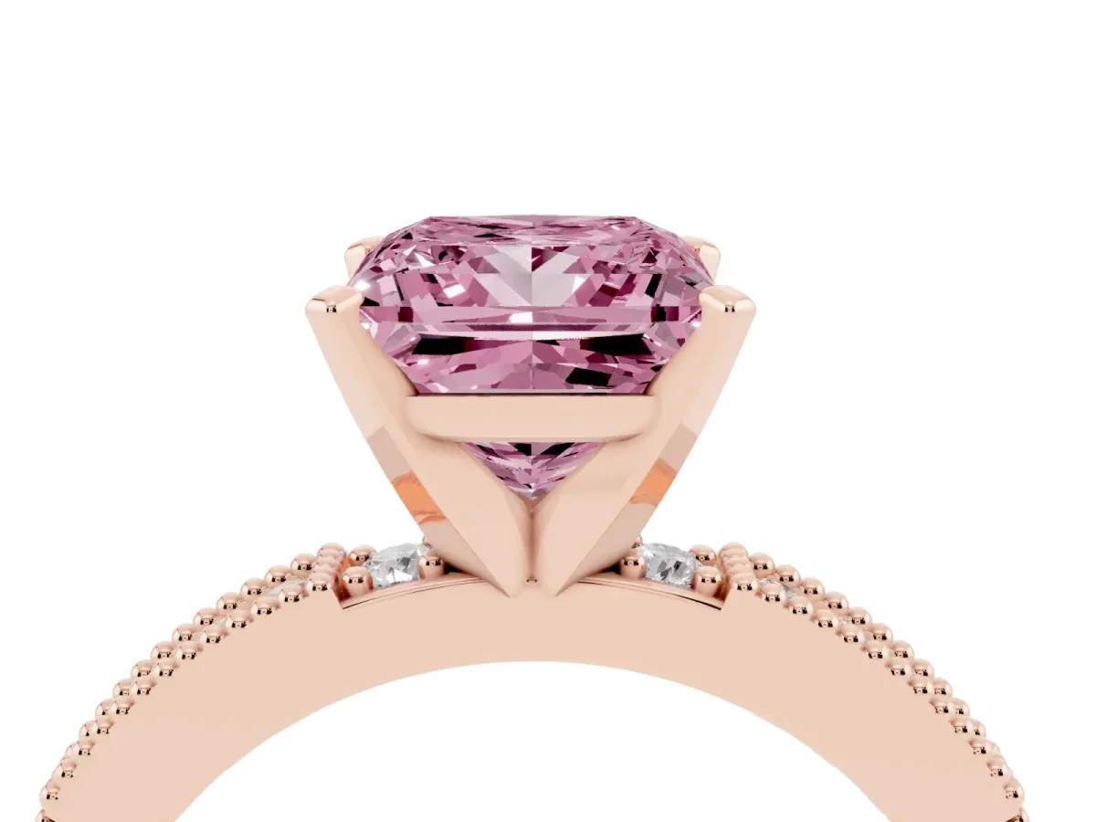 Fancy Pink Princess Cut Solitaire with Pavé Band and Four-Prong Setting Rose gold
