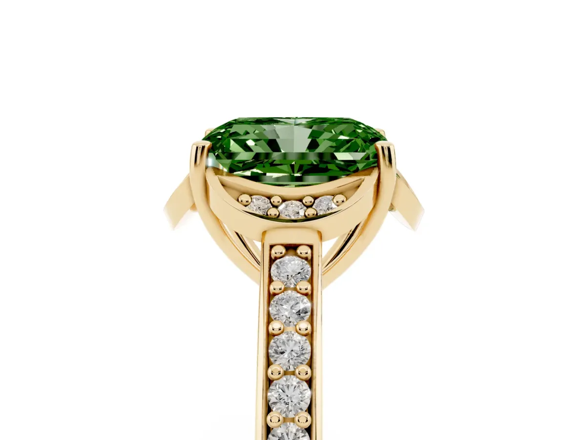 Fancy Green Radiant Cut Cut Halo Diamond Ring with Channel Set Band and Four-Prong Setting Yellow gold