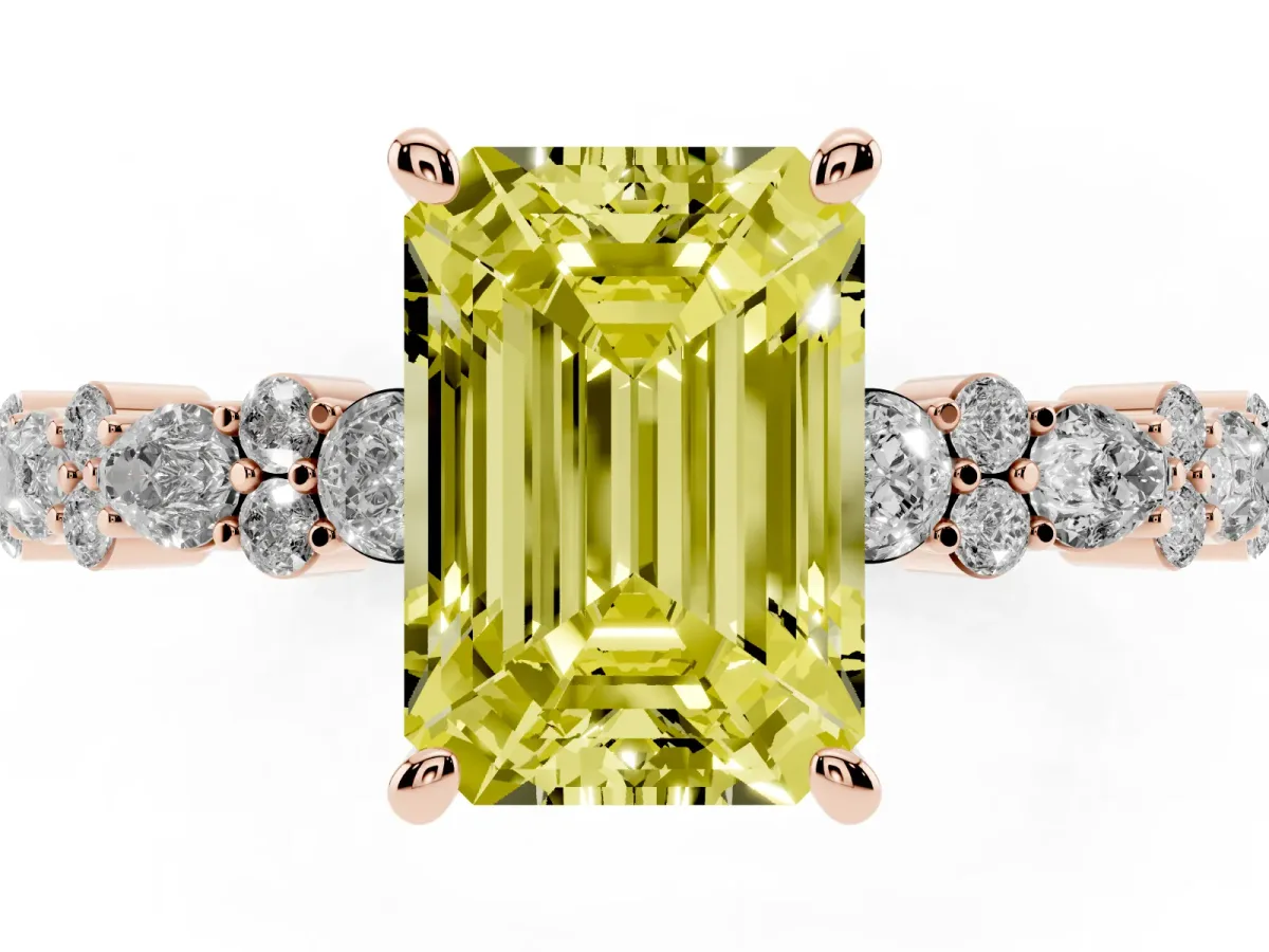 Fancy Yellow Emerald Cut Diamond Side Stone Solitaire Ring with Round and Four-Prong Setting Rose gold