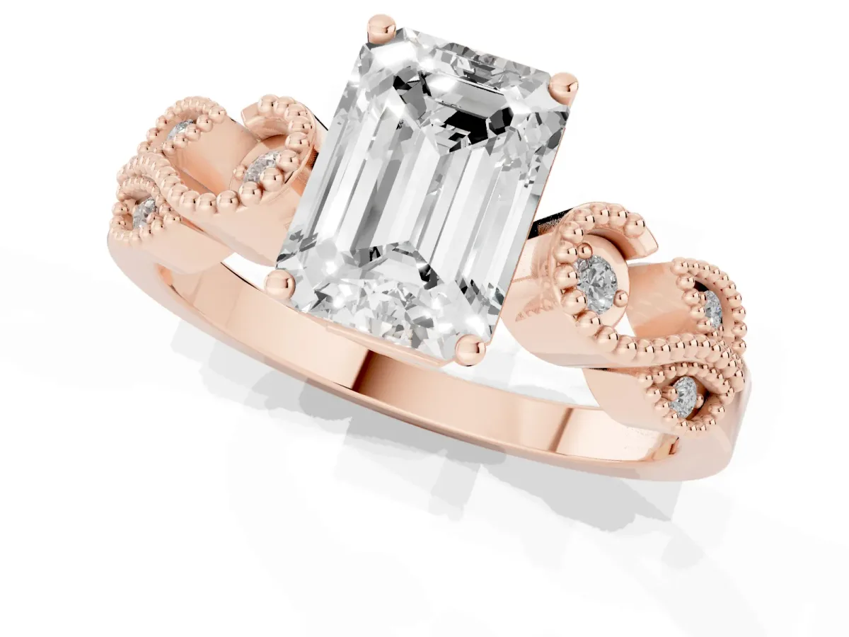 Emerald Cut Solitaire Milgrain Leaf Band with Prong Setting Rose gold