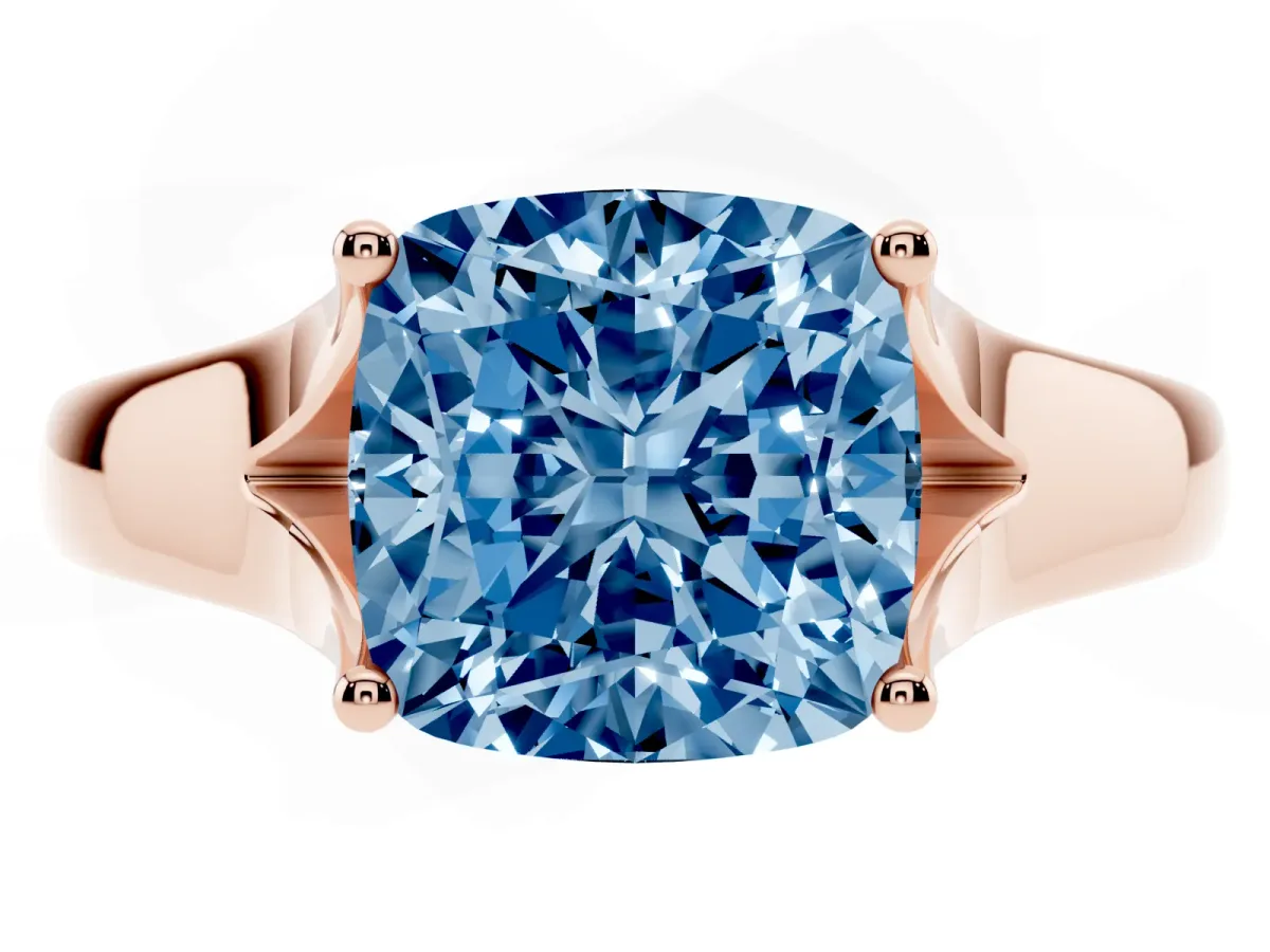 Fancy Blue Cushion Cut Solitaire Diamond Ring with Cathedral Band and Four-Prong Setting Rose gold