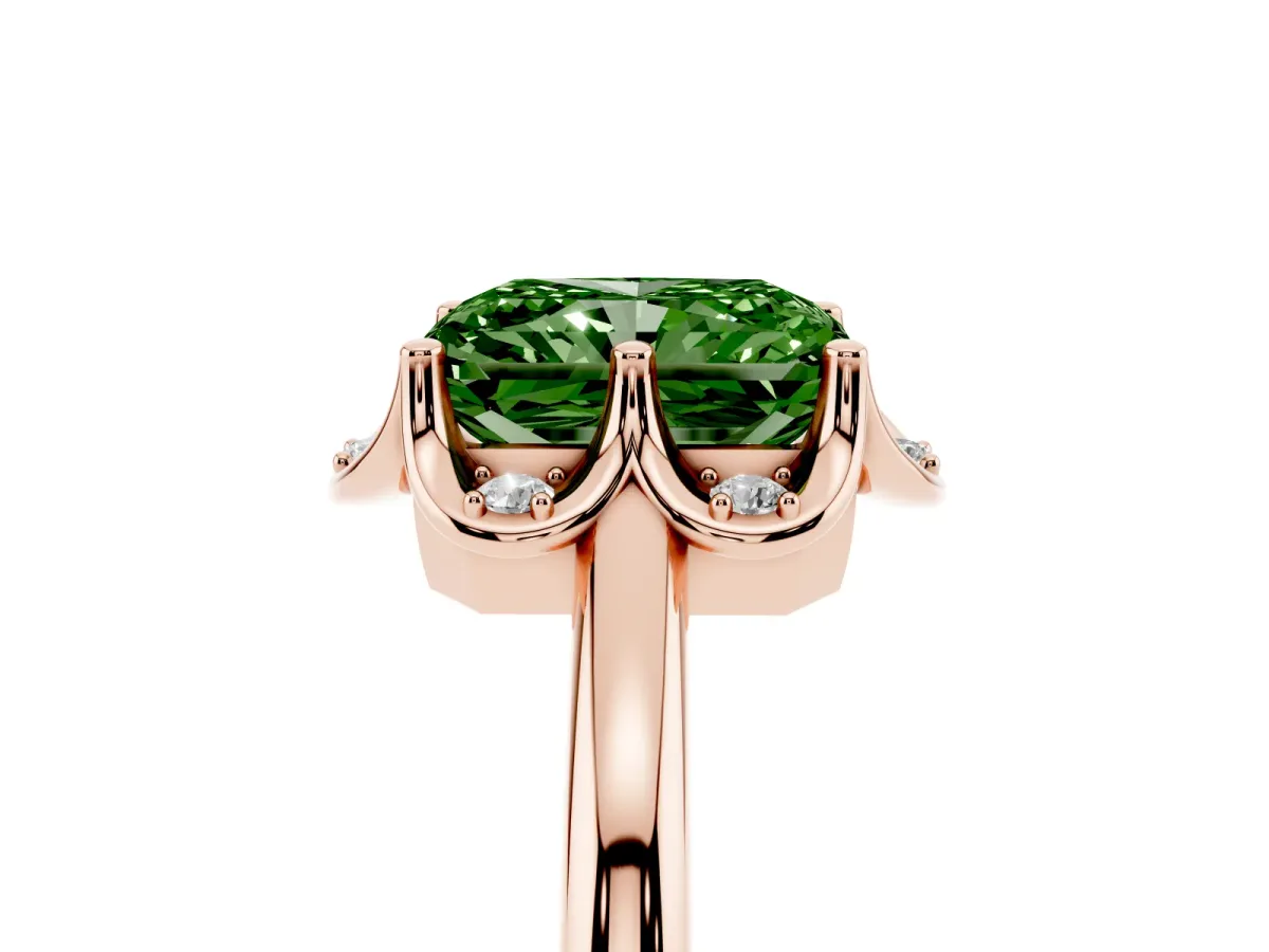 Fancy Green Radiant Cut Halo Diamond Ring with Round Cluster Setting, Solitaire Band, and Four-Prong Setting Rose gold