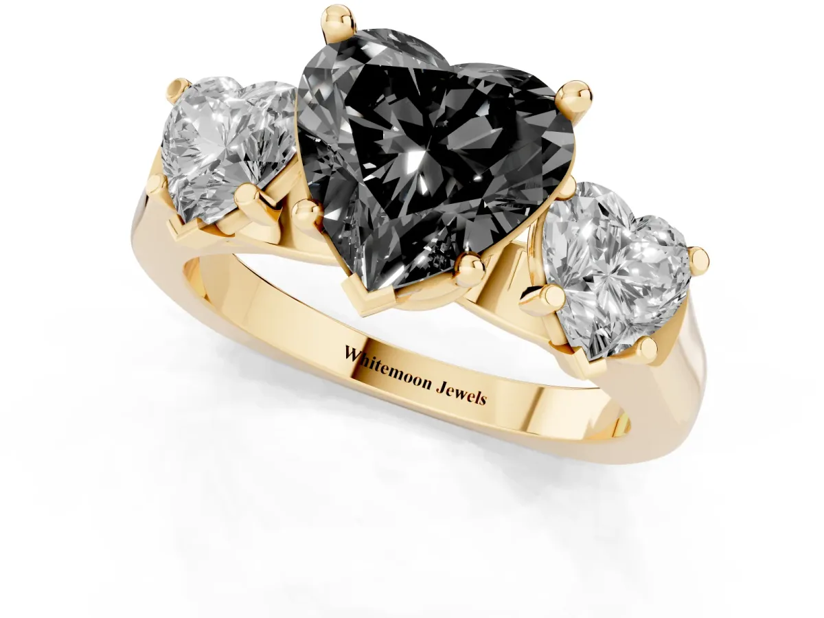 Fancy Black Three-Stone Heart Cut Brilliant Diamond Trellis Ring with Comfort Fit Band Yellow gold