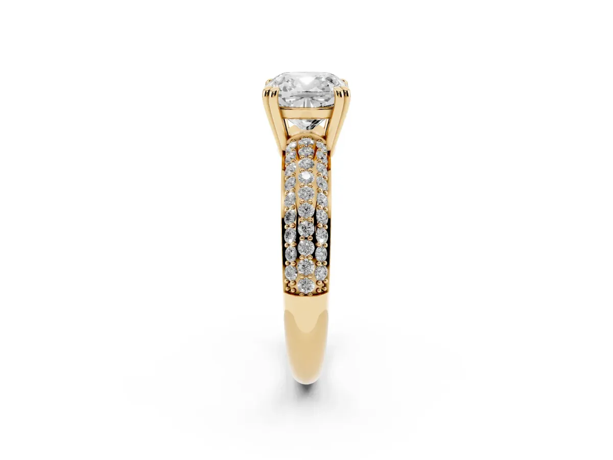 Cushion Cut Diamond Solitaire Ring with Multi-Row Round Pavé Band and Prong Setting Yellow gold