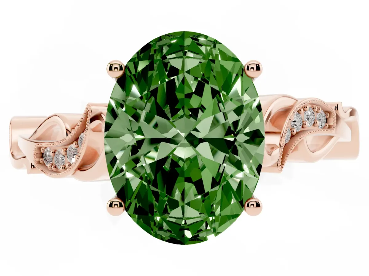 Fancy Green Oval Cut Solitaire Vine Band with Milgrain Prong Setting Rose gold