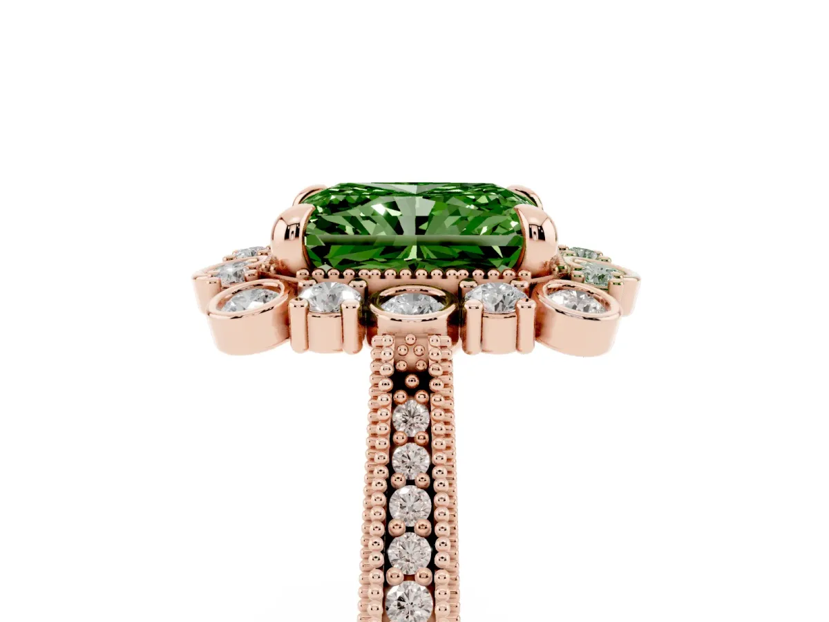 Fancy Green Radiant Cut Halo Milgrain Pave Diamond Ring with Four-Prong Setting Rose gold