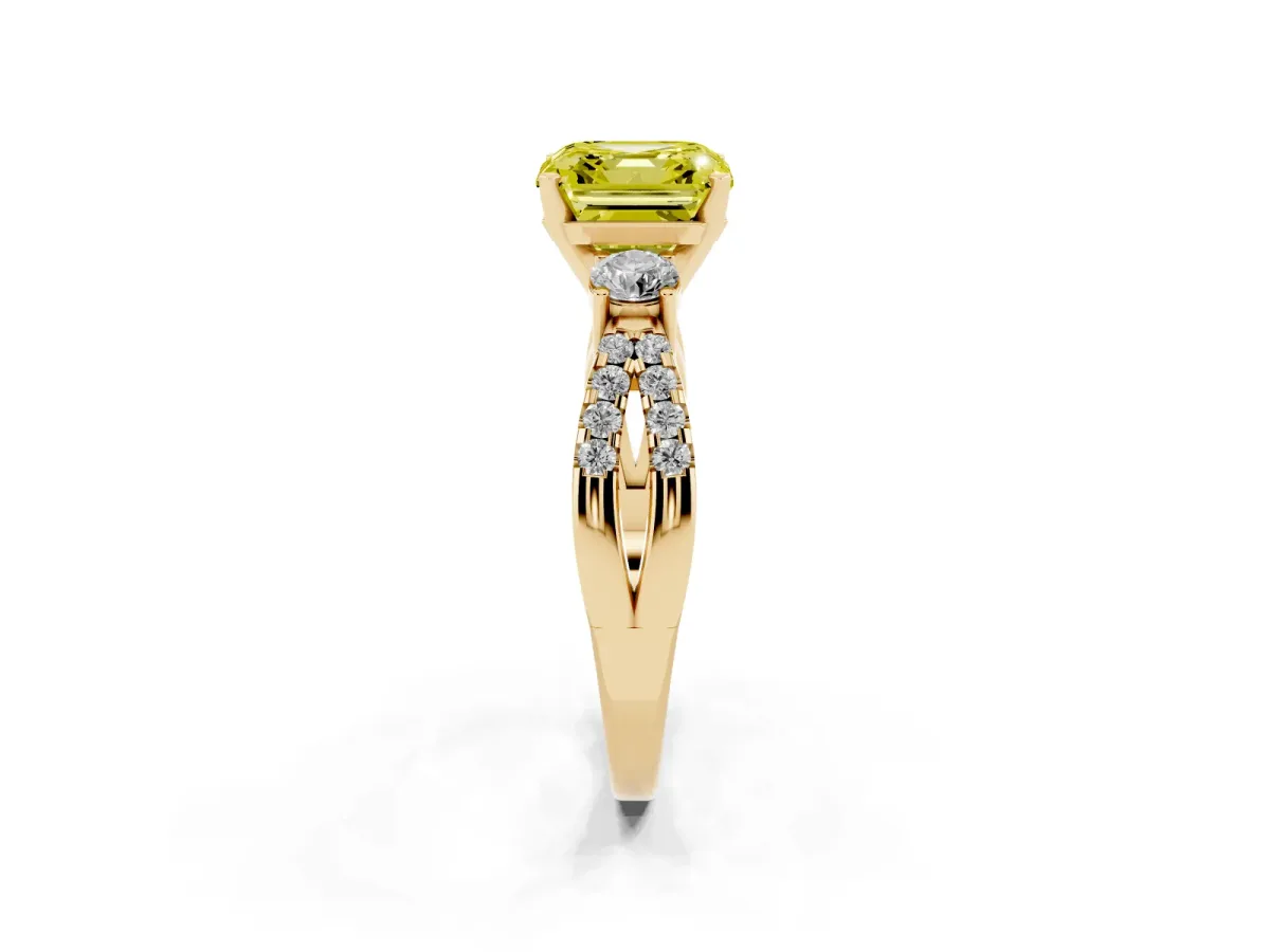 Fancy Yellow Asscher Cut Diamond Three-Stone Ring with Pavé Split Shank and Four-Prong Setting Yellow gold